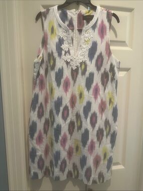 J. Crew White Sleeveless Ikat Dress with Blue, Pink and Yellow Accents